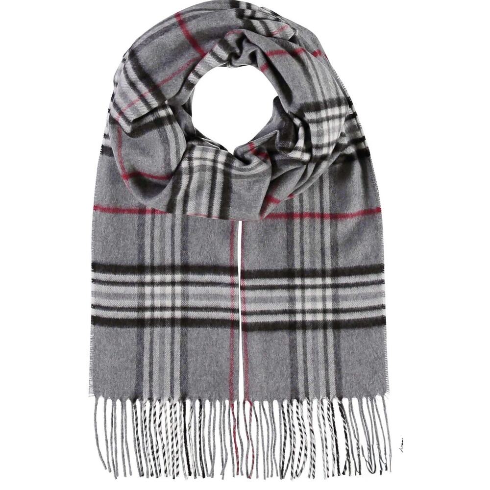 V FRAAS Cashmink Plaid Scarf Unisex Gray with Red‎ & Black Made in Germany